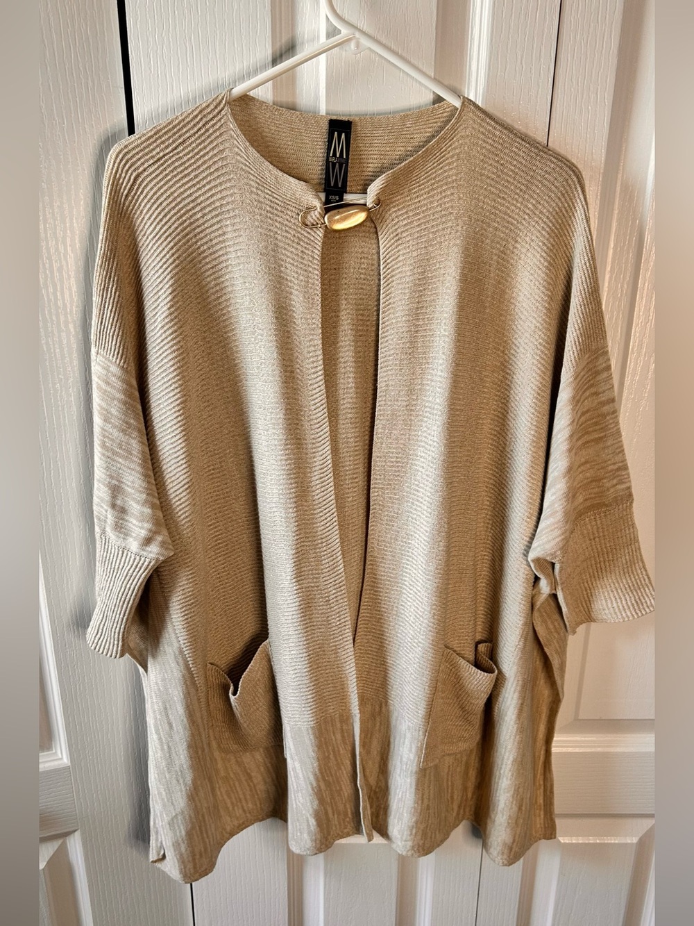 Marla Wynne Tan Boxy Cardigan Poncho Open Front Pockets XS/S Linen Oversized